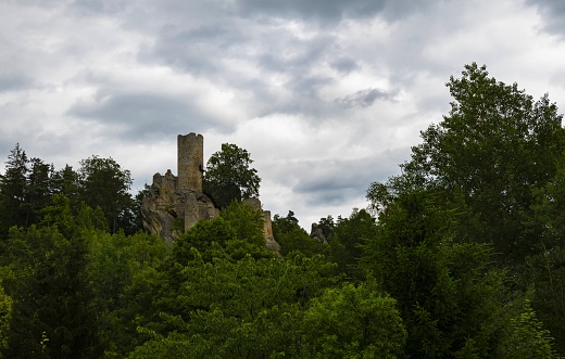 Frýdštejn, Czech Republic, July 5, 2020: View of the ruins of the Frýdštejn Castle in North Bohemia. It was constructed during 14th century, today it is open to the public.