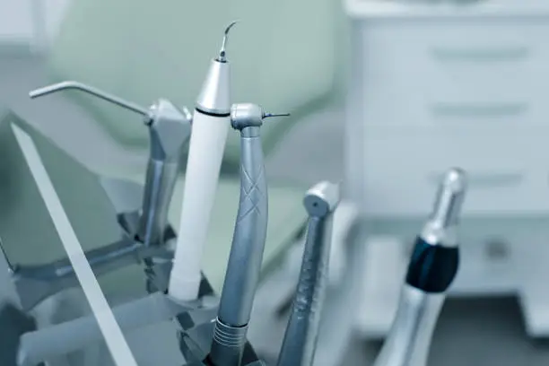 Dental drills and tools in dentist's office, dental care. Toned