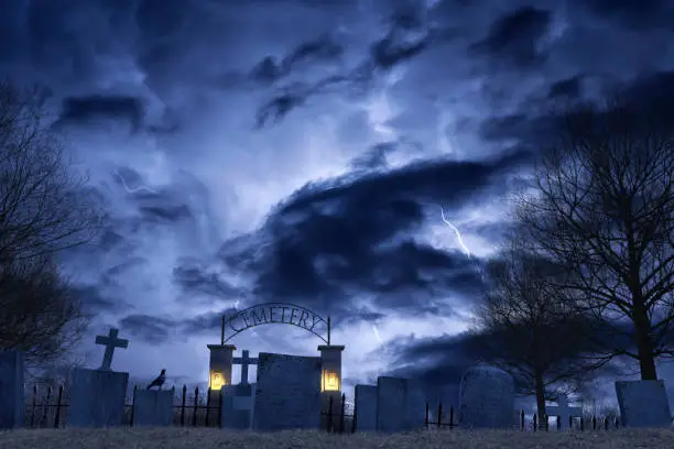 Photo of Spooky Halloween Background Cemetery at Night