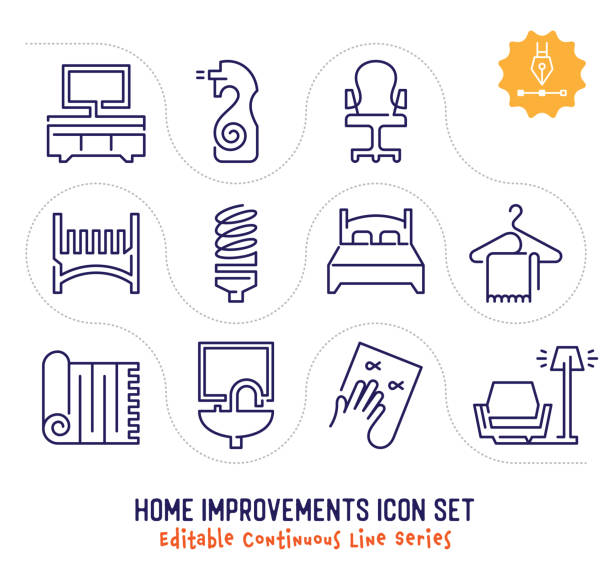 홈 개선 편집 가능한 연속 라인 아이콘 팩 - symbol home interior furniture pillow stock illustrations