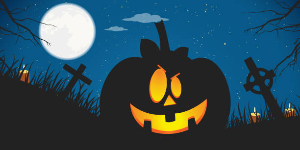 ilustraciones, imágenes clip art, dibujos animados e iconos de stock de feliz cartel de halloween. ilustración vectorial plana - city night spooky skyline