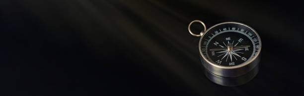 Banner of compass on dark black background with copy space using as direction