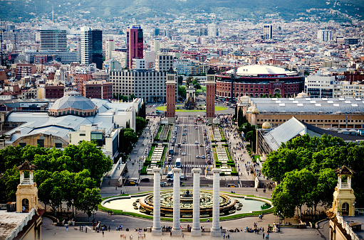 Madrid, Spain. Aerial view of city center. Buildings and main landmarks on a sunny day.