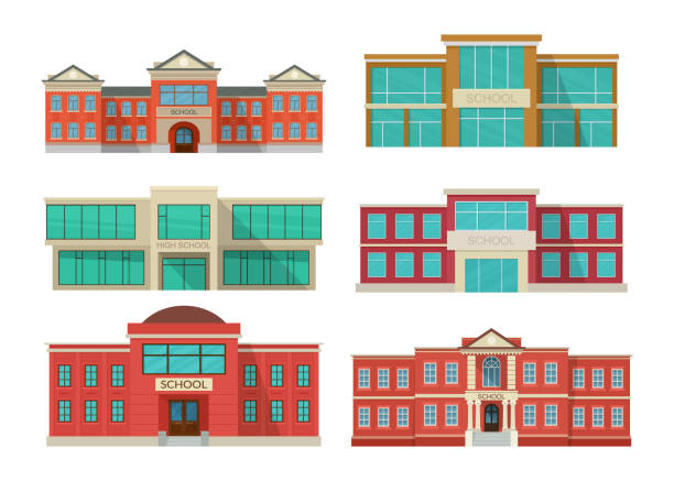 illustrations, cliparts, dessins animés et icônes de ensemble de bâtiments scolaires extérieurs. vue d’entrée de l’établissement d’enseignement public. - niveau de scolarisation illustrations