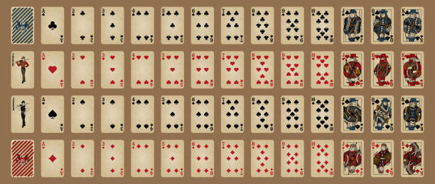 ilustraciones, imágenes clip art, dibujos animados e iconos de stock de set de póquer de estilo occidental. cartas de póquer, mazo completo. - poker cards royal flush leisure games