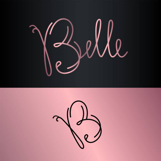 Butterfly illustration in linear style. Belle. Hand written calligraphy message + decorative capital letter B. Emblem for beauty salon, stylist or cosmetics company Butterfly emblem + Belle word fancy letter b drawing stock illustrations