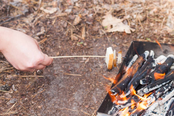 istock Man fried bacon and bread on a twig. Picnic in forest. 1273753253