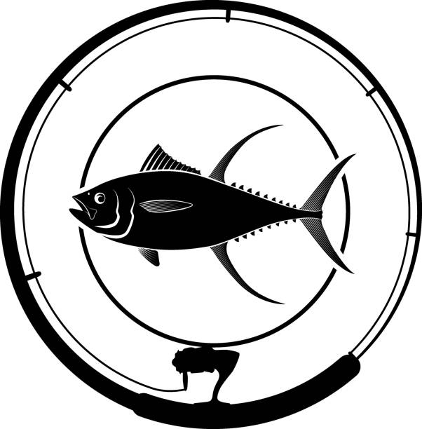 fishing badge fishing badge with tuna fish and fishing rod skipjack stock illustrations