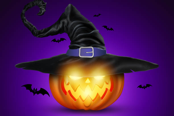 Creative Halloween Background. Realistic Image of a pumpkin on a purple background. Scary Jack. Illustration for the website. Copy space, 3D illustration, 3D render
