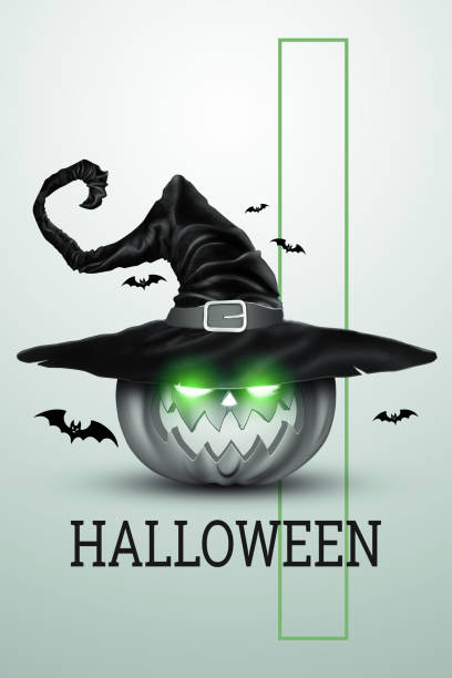 Creative Halloween Banner. Pumpkin in a witch's hat on a light background. Scary Jack. Vertical flyer, header for website. Copy space, 3D illustration, 3D render