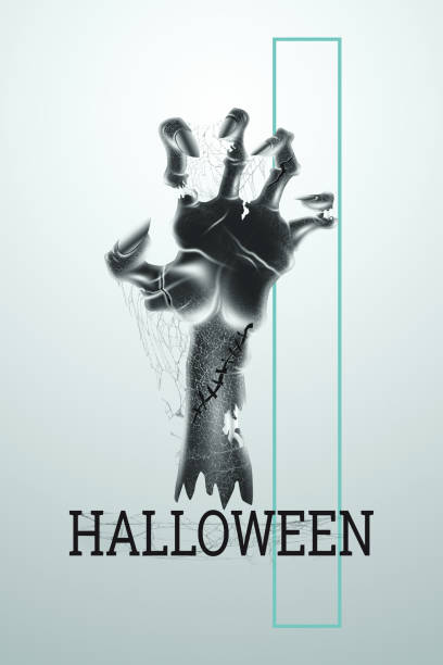 istock Creative Halloween Banner. Halloween lettering and zombie hand on a light background. Vertical flyer, header for website. Copy space, 3D illustration, 3D render. 1273754918