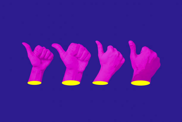istock Hands making like, recommend, success gesture with thumbs up. Content marketing satisfaction concept. Native advertising. Influencer marketing concept. Automation ai robot concept. Psychedelic design pattern. Template with space for text. 1273759385