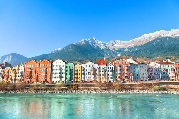Innsbruck cityscape, Austria View of colourful buildings in the austrian town Innsbruck winter village austria tirol stock pictures, royalty-free photos & images