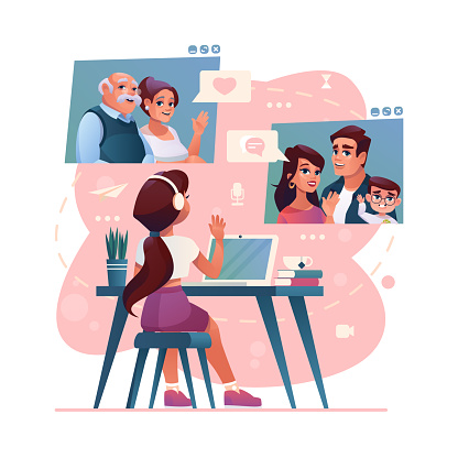Video Call And Group Chat To Family And Friends On Computer Vector Cartoon  Illustration Girl Kid Chatting And Sending Messages In Video Call To Family  Parents And Grandparents Sitting At Table Stock