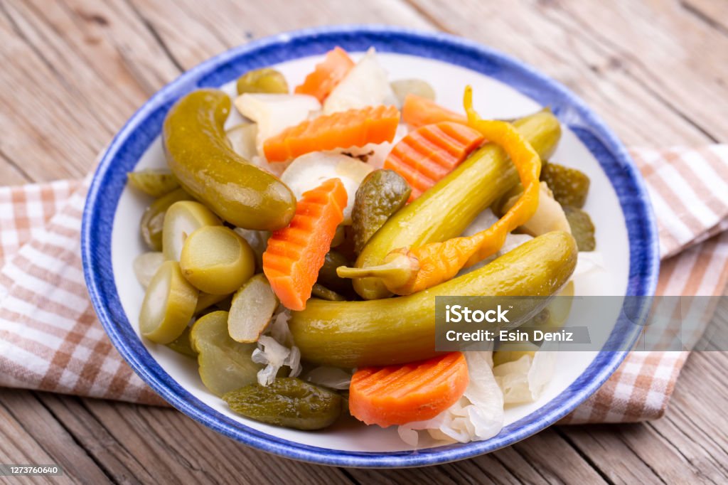 Assorted pickled vegetables in bowl/plate, Turkish name; tursu. Pickle Stock Photo