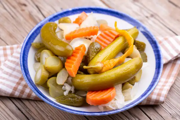 Assorted pickled vegetables in bowl/plate, Turkish name; tursu.