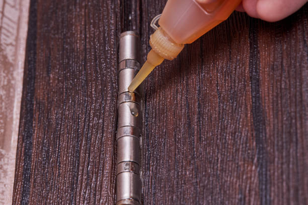 adjusting door hinge using lubricating oil. indoors. fixing door squealed domestic problem.