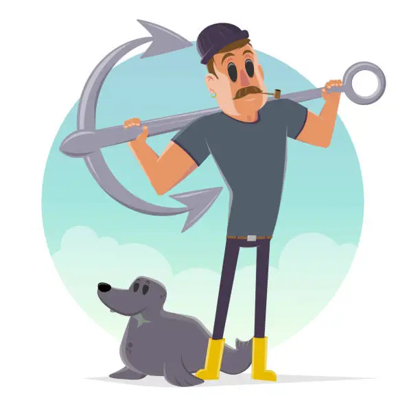 Vector illustration of funny cartoon illustration of a sailor with anchor and seal