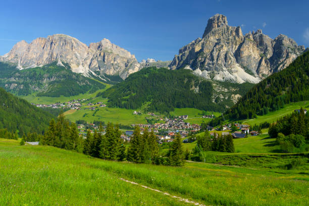 캄포롱고 패스, 돌로미티(dolomites)로 가는 길을 따라 산풍경 - alta badia 뉴스 사진 이미지