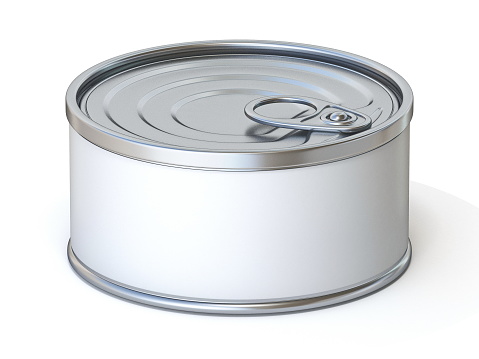 Metal tin with blank label 3D render illustration isolated on white background