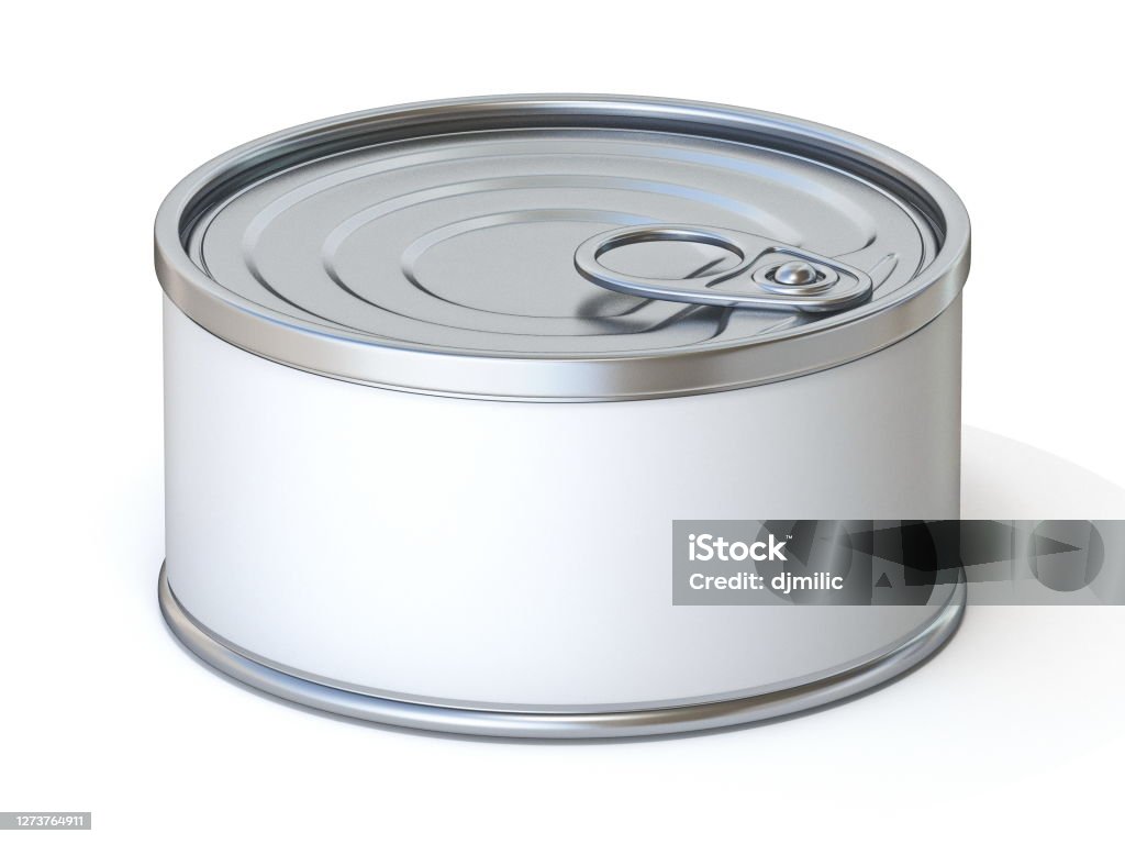 Metal tin with blank label 3D Metal tin with blank label 3D render illustration isolated on white background Can Stock Photo