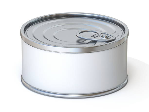 lata de metal com etiqueta em branco 3d - can packaging tuna food - fotografias e filmes do acervo