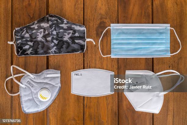 Different Types Of Face Masks For Protection Against Covid19fpp2 Kn95 Fp25 Filter Hygienic Mask Surgical Mask And Textile Reusable Face Mask Stock Photo - Download Image Now