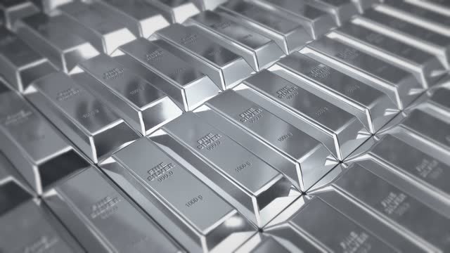 Beautiful Silver Bars on Metal Shelf with Bright Glowing Reflections Seamless. Looped 3d Animation of Silver Bullions in Silver Vault. Banking and Wealth Concept.