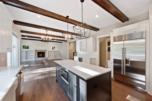 istock Open floor plan showing long great room and kitchen space 1273768812