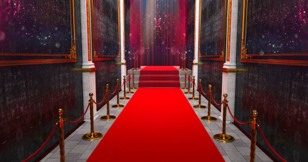 입구에 로프 장벽 사이의 긴 레드 카펫. 레드 카펫에서 성공을 거두는 방법. 영광의 길. 계단이 올라갑니다. 3d 렌더 - carpet red nobility rope 뉴스 사진 이미지