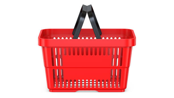 istock Side view of a Red empty customer plastic shopping basket. 3d rendering illustration isolated on white background. 1273774803