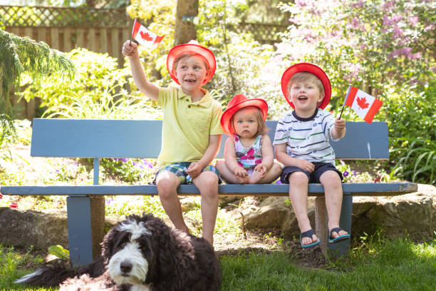 Three young siblings sit on a park bench and wave Canadian flags Two cute young brothers relax on a bench, with their little toddler sister between them, and wave small Canadian flags in the air. They're all wearing hipster brimmed hats and having a wonderful time on a summer afternoon. 6 11 months stock pictures, royalty-free photos & images