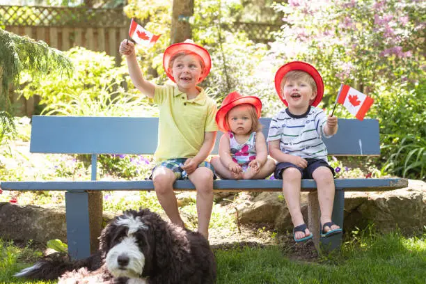 Two cute young brothers relax on a bench, with their little toddler sister between them, and wave small Canadian flags in the air. They're all wearing hipster brimmed hats and having a wonderful time on a summer afternoon.