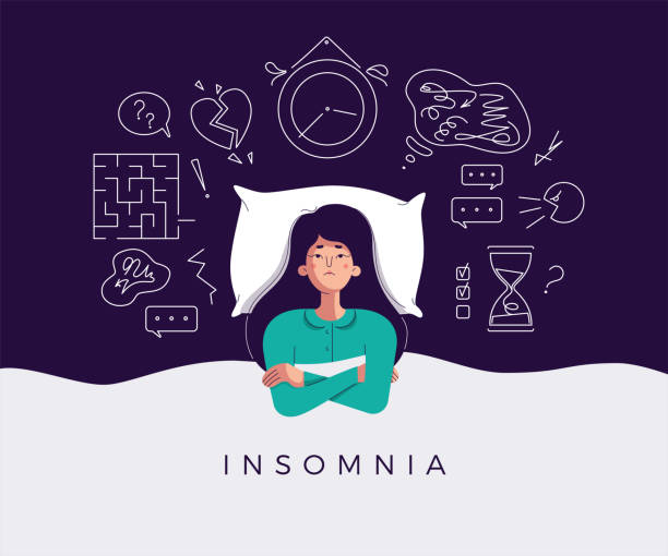Young woman suffers from insomnia cause of mental problems, insomniac ideas. Girl lying in bed, thinking about deadline, upset event, can not relax. Character vector illustration, flat cartoon style Young woman suffers from insomnia cause of mental problems, insomniac ideas. Girl lying in bed, thinking about deadline, upset event, can not relax. Character vector illustration in flat cartoon style insomnia illustrations stock illustrations