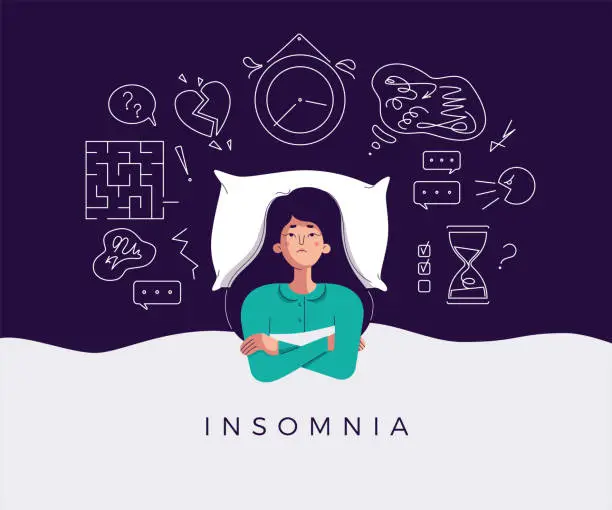 Vector illustration of Young woman suffers from insomnia cause of mental problems, insomniac ideas. Girl lying in bed, thinking about deadline, upset event, can not relax. Character vector illustration, flat cartoon style