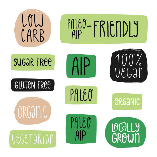 Special diet nutrition and healthy food stickers. Autoimmune protocol and paleo-friendly, 100 percent vegan, organic, sugar free, low carb and others. Special diet nutrition and healthy food stickers. Autoimmune protocol and paleo-friendly, 100 percent vegan, organic, sugar free, low carb and others. paleo stock illustrations