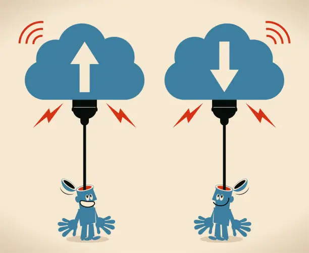 Vector illustration of Smiling man who has an open head and a USB plug is uploading (downloading, backup) his mind to the cloud storage; Mind uploading concept