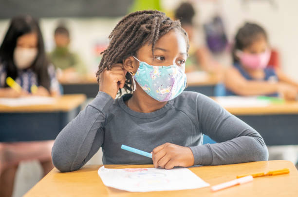 Elementary school classroom wearing masks and social distancing.