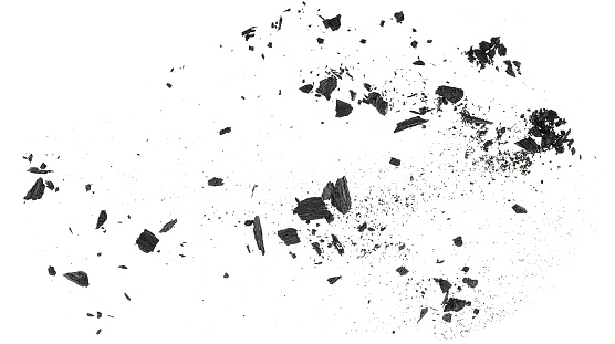 Polvo de carbón con fragmentos aislados sobre un fondo blanco, vista superior. photo