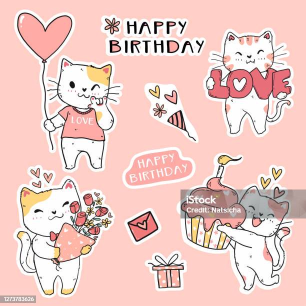 Cute Funny Cat Birthday Set Element Clip Art Doodle Vector For Sticker  Journal Printable And Greeting Card Stock Illustration - Download Image Now  - iStock