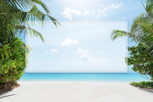 Tropical paradise beach background with translucent advertising poster template