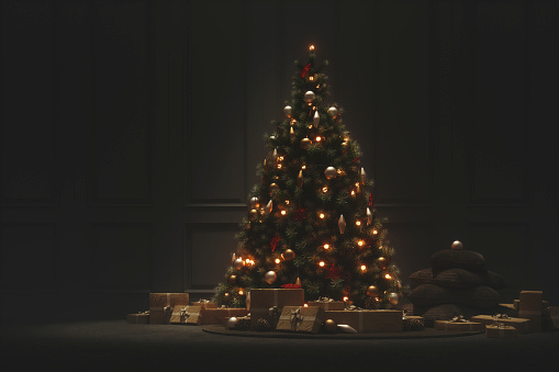 Christmas tree at night. 3D generated image.