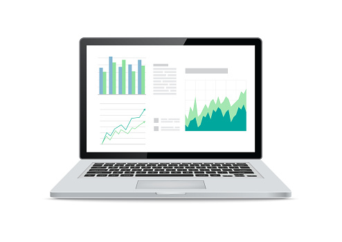 Laptop screens with financial charts and graphs on white background. Vector Illustration.