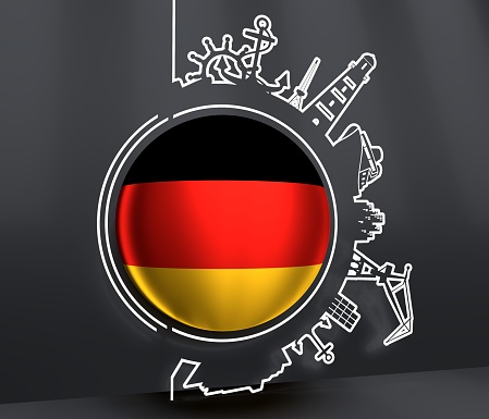 Circle with sea shipping and travel relative silhouettes. Objects located around the circle. Industrial design background. Flag of Germany. 3D rendering
