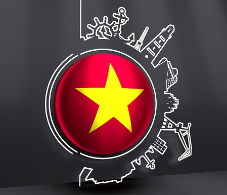 Circle with sea shipping and travel relative silhouettes. Objects located around the circle. Industrial design background. Flag of Vietnam. 3D rendering