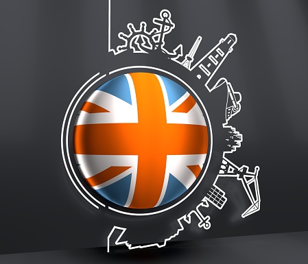 Circle with sea shipping and travel relative silhouettes. Objects located around the circle. Industrial design background. Flag of United Kingdom. 3D rendering