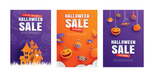 전단지, 배너, 포스터, 할인, 광고를 위한 종이 아트 요소 디자인이 있는 할로윈 판매 프로모션 템플릿. - halloween stock illustrations