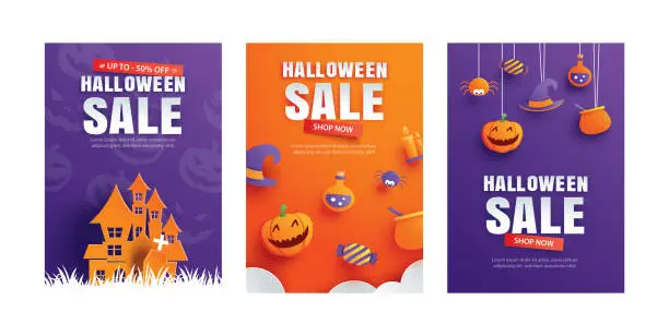 Vector illustration of Halloween sale promotion template with paper art element design for flyer, banner, poster, discount, advertising.