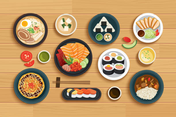 japanisches essen auf der oberseite ansicht holzhintergrund. - sushi food vegetarian food japanese cuisine stock-grafiken, -clipart, -cartoons und -symbole