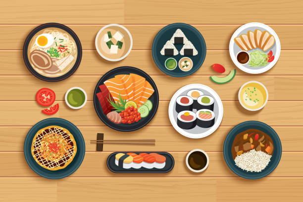 ilustrações de stock, clip art, desenhos animados e ícones de japanese food on top view wooden background. - sushi food vegetarian food japanese cuisine